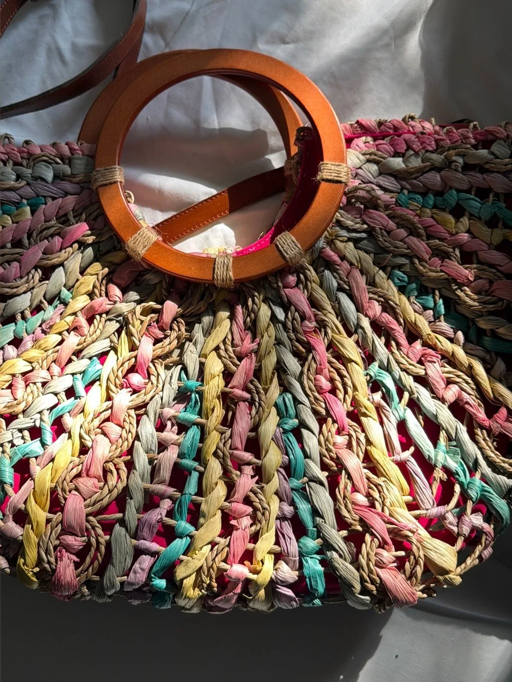 Woven Multicolor Patricia nosh  Straw Tote Bag with Wooden Ring Handles